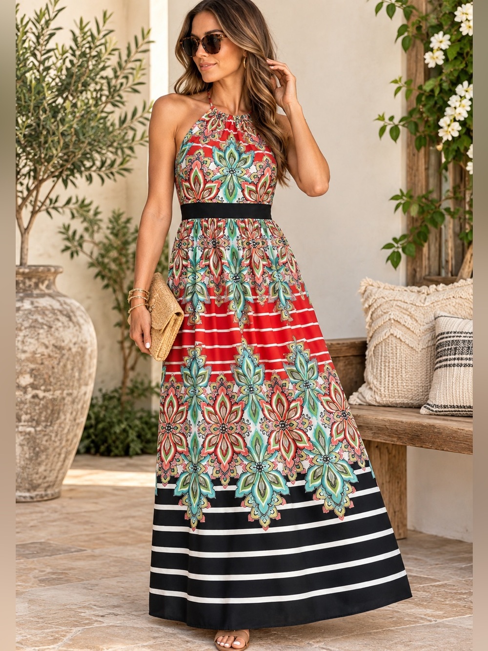 Eliza J Maxi Floral Paisley Red Multicolor Resort Gold Tone Necklace Dress 12